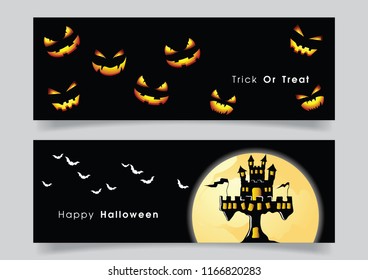 Banner set with Halloween pumpkin and haunted castle and bat.