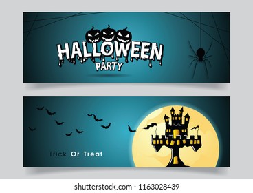 Banner set with Halloween spider and haunted castle and bat.