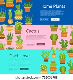 Banner set with home plant cacti. Collection of poster, vector illustration