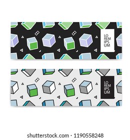 Banner set, horizontal orientation, template colorful pattern with 3d graphics in pop art style. Vector illustration