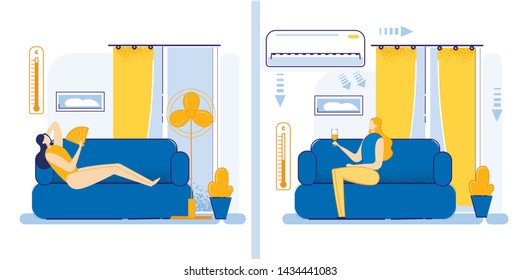 Banner Set How to Move Summer Heat Cartoon Flat. She Uses Fan and Suffers from Summer Heat and Stuffiness. Woman has Installed Air Conditioning and Lives Comfortably Apartment in Summer.