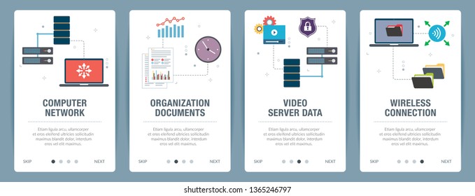 Banner set with icons for internet on websites or app templates with computer network, documents organization , video server data and wireless connection. Modern flat style design.
