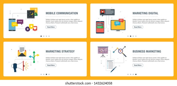 Banner set with icons for internet on websites or app templates with mobile communication, marketing digital, marketing strategy and business marketing. Modern flat style design.