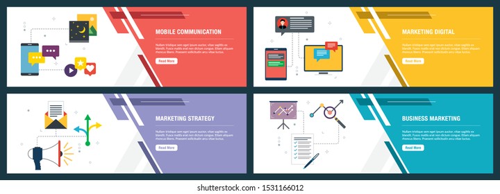 Banner set with icons for internet on websites or app templates with mobile communication, marketing digital, marketing strategy and business marketing. Modern flat style design.