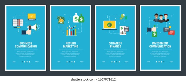 Banner set with icons for internet on websites or app templates with business communication, return marketing, strategy finance and investment communication. Modern flat style design.