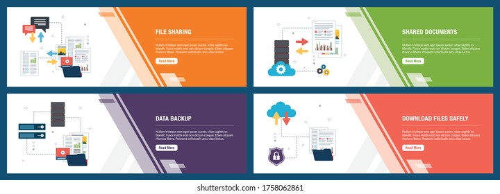 Juego de banners con iconos para Internet en sitios web o plantillas de aplicaciones con uso compartido de archivos, documentos compartidos, copia de seguridad de datos y archivos de descarga seguros. Conjunto de iconos de tecnología e informática. Diseño moderno de estilo plano.