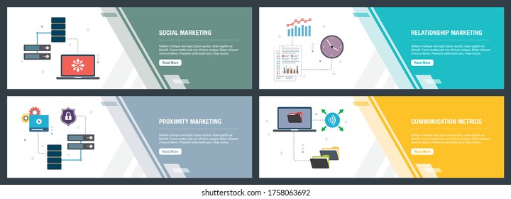 Banner set with icons for internet on websites or app templates with computer network, documents organization , video server data and wireless connection. Technology, internet and computer icon set. 