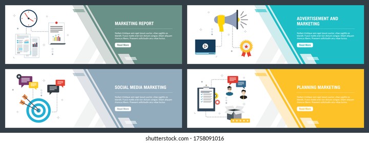 Banner-Set mit Symbolen für das Internet auf Websites oder App-Vorlagen mit Marketingbericht, Werbung und Marketing, Social-Media-Marketing, Planung von Marketing. Modernes, flaches Design.