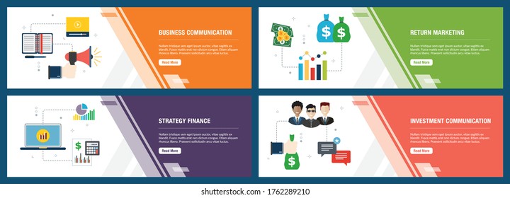 Banner-Set mit Symbolen für das Internet auf Websites oder App-Vorlagen mit Geschäftskommunikation, Return-Marketing, Strategie-Finanzierung und Investment-Kommunikation. Modernes, flaches Design.