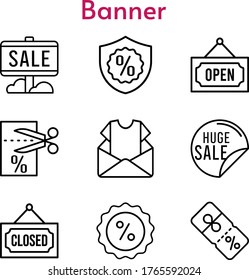 banner set. included newsletter, sale, voucher, warranty, closed, discount, open icons. linear styles.