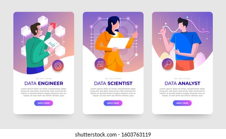 Banner set Jobs of data technology expert. Data engineer, Scientist and analyst. Vector flat design concept illustrations. 