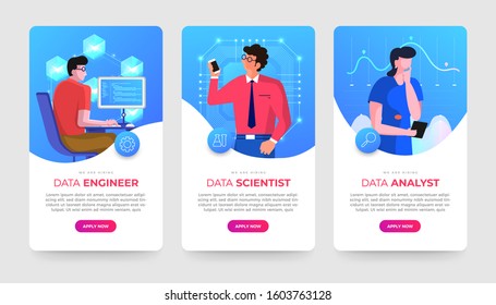 Banner set Jobs of data technology expert. Data engineer, Scientist and analyst. Vector flat design concept illustrations. 