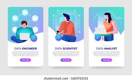 Banner set Jobs of data technology expert. Data engineer, Scientist and analyst. Vector flat design concept illustrations. 