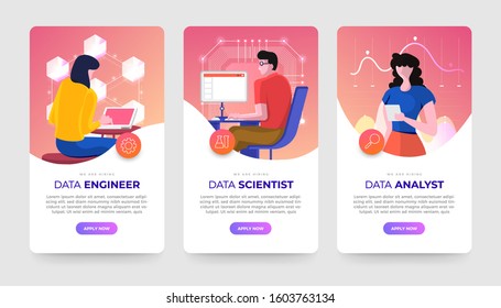 Banner set Jobs of data technology expert. Data engineer, Scientist and analyst. Vector flat design concept illustrations. 
