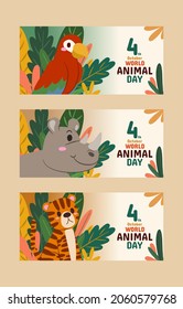 Banner set Jungle Animals in forest on the world in Happy animal day concept, cute cartoon vector illustration