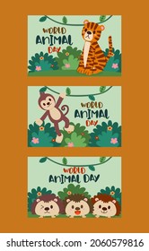 Banner set the Jungle Animals in forest on the world in Happy animal day concept, cute cartoon vector illustration