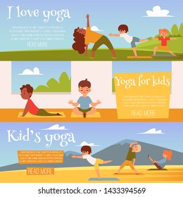 Banner Set Of Kids Doing Yoga Exercises Outside In The Park, In The Gym Or On Mountain Landscape, Happy Children Cartoon Characters Doing Fitness - Flat Hand Drawn Vector Illustration