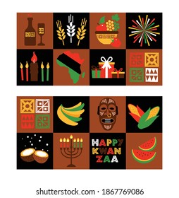 Banner set for Kwanzaa with traditional colored and candles representing the Seven Principles or Nguzo Saba. Collgage style.