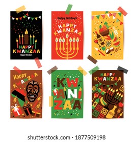 Banner set for Kwanzaa with traditional colored and candles representing the Seven Principles or Nguzo Saba.