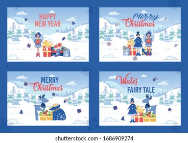 Banner Set Merry Christmas, Happy New Year, Winter Fairytale Typography and Festive Characters Angels, Fairy and Reindeer Stand near Heap of Gifts on Snowy Landscape. Cartoon Flat Vector Illustration
