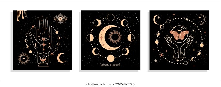 Banner set Mystical moon phases and woman hands and moth, alchemy esoteric magic space, sacred wheel of the year, vector isolated on black background svg