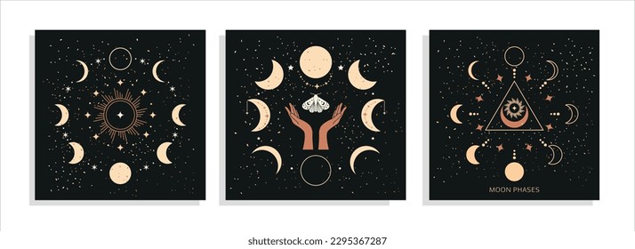 Pancarta de las fases de la luna mística y de las manos y la polilla de la mujer, espacio mágico esotérico de la alquimia, rueda sagrada del año, vector aislado sobre fondo negro