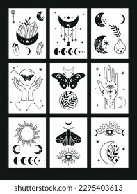 Banner set Mistical Moon Fases set íconos y manos y polilla de la mujer, Alquimia espacio esotérico mágico, vector aislado negro sobre fondo blanco
