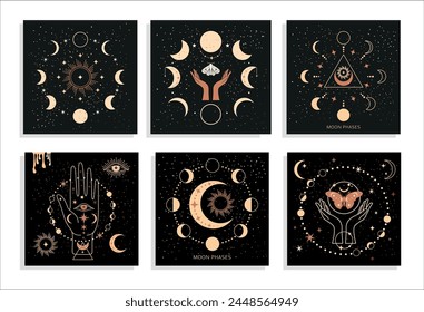 Banner set Mystical moon phases and woman hands and moth, alchemy esoteric magic space, sacred wheel of the year, vector isolated on black background