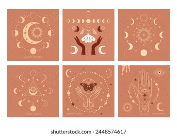 Banner set Mystical moon phases and woman hands and moth, alchemy esoteric magic space, sacred wheel of the year, vector isolated on color background