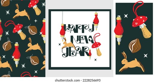 Banner set for the new year. New Year's toys, a hare, a mushroom. Postcard. Happy New Year.