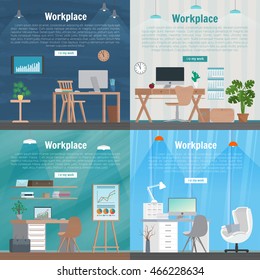 Banner set Office workplace interior design Graphic Design. Business objects, elements and equipment. Web Banner And Printed Materials. Flat Design Illustration Concepts.