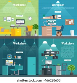 Banner set Office workplace interior design Graphic Design. Business objects, elements and equipment. Web Banner And Printed Materials. Flat Design Illustration Concepts.