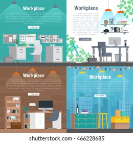 Banner set Office workplace interior design Graphic Design. Business objects, elements and equipment. Web Banner And Printed Materials. Flat Design Illustration Concepts.