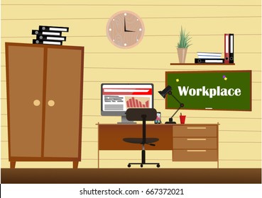 Banner set Office workplace interior design Graphic Design. Business objects, elements and equipment. Web Banner And Printed Materials. Flat Design Illustration Concepts.