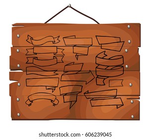 Banner set on wooden plank background . Free hand drawn. Vector illustration.