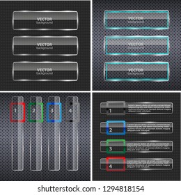 Banner set over metallic background. Glass frames. Abstract black technology background with transparent design element. Infographics element. Vector illustration.