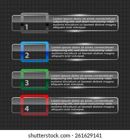 Banner set over metallic background. Glass frames. Abstract black technology background with transparent design element. Infographics element. Vector illustration.
