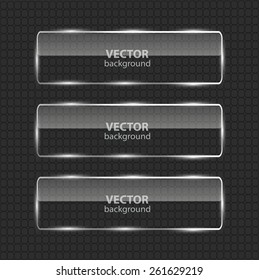Banner set over metallic background. Glass frames. Abstract black technology background with transparent design element. Infographics element. Vector illustration.