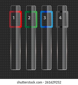 Banner set over metallic background. Glass frames. Abstract black technology background with transparent design element. Infographics element. Vector illustration.