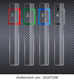 banner set over metallic background. Glass frames. Abstract black technology background with transparent design element. Infographics element. Vector illustration.