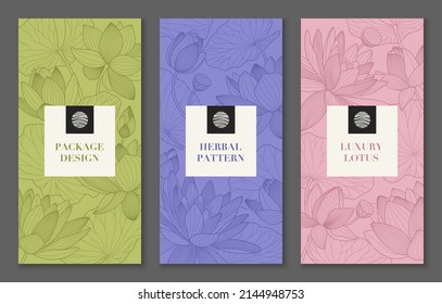 Banner set of pastel patterns with lotuses and leaves. Luxury package design with line lily. Template for Chinese banners, cover, label, pattern. Elegant oriental nelumbo nucifera. 