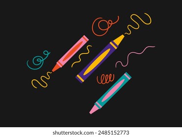 Banner. Set of pens and pencils in doodle style. Back to school design elements for design. Vector illustration in flat cartoon style. Colorful set of badges, badges for training and education.