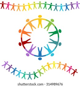 A banner set of rainbow colored people holding hands.