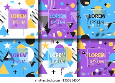 Banner Set Ready Made Covers for Printing in Typography. Vector Flat Illustration Geometric Pattern. Abstract Figures Different Sizes and Shapes and Colors Scattered on White Background.
