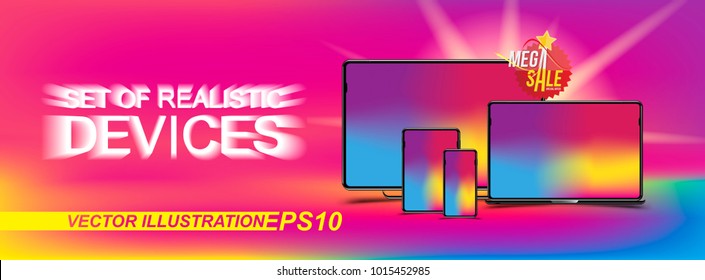 Banner with set of realistic devices - smartphone, tablet, laptop and computer on the colour background. Sticker mega sale and light effect. Flat vector illustration EPS 10