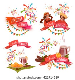 Banner set with ribbons for Festa Junina Brazil party. Vector illustration.