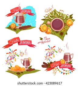 Banner set with ribbons for Festa Junina Brazil party. Vector illustration.