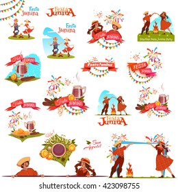 Banner set with ribbons for Festa Junina Brazil party. Vector illustration.