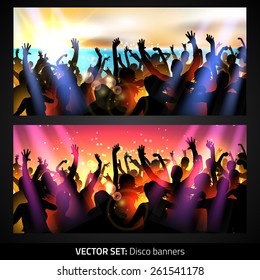 Banner set with silhouettes of dancing people on beach  - Vector