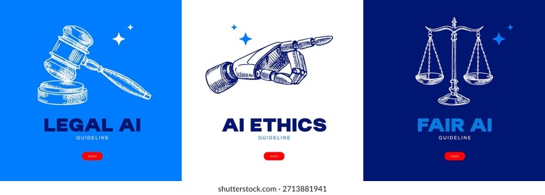Conjunto de Anuncios con bocetos de semitonos robots de mano e iconos de ley. Regulación de inteligencia artificial. Detengan el mensaje de IA, la ética, el concepto legal. Vector dibujado a mano ilustración